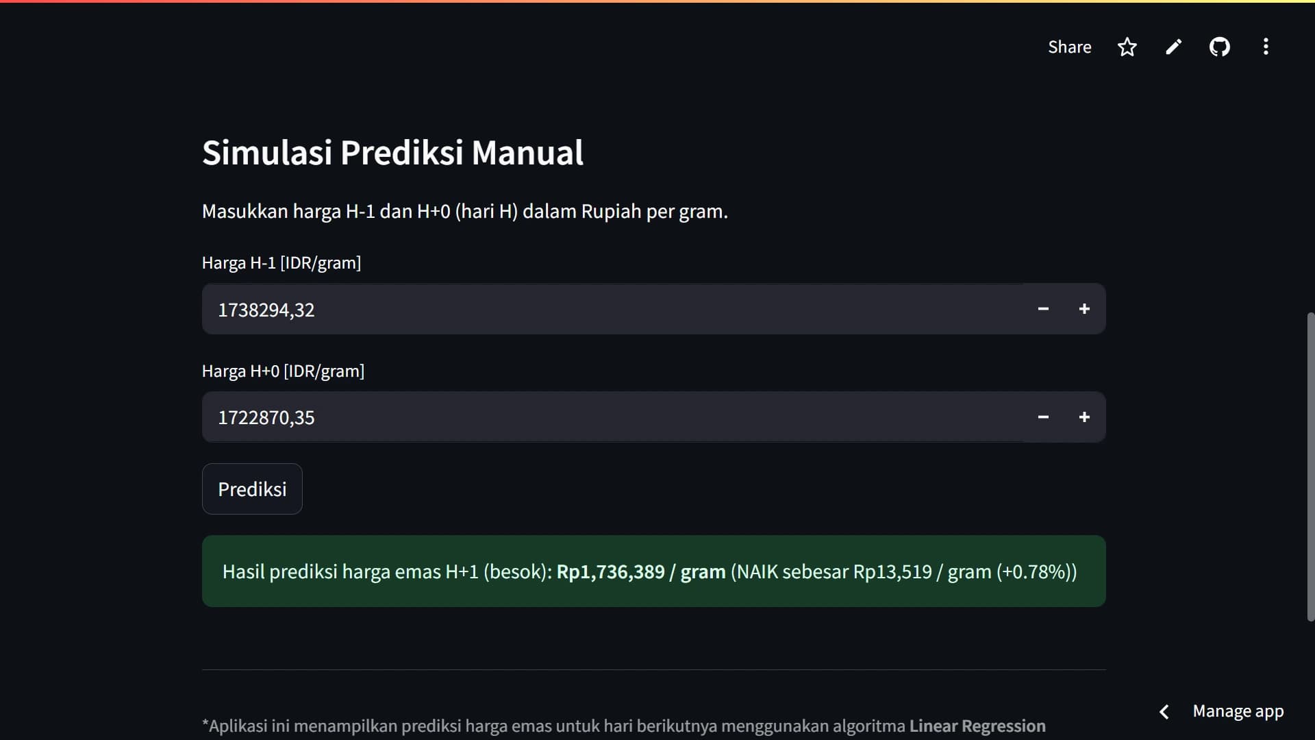 Gold Price Prediction System - Manual Prediction Simulation